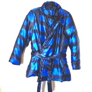 IMAN Global Chic Plaid Belted Puffer Blue/Black Jacket Size 1X EUC!